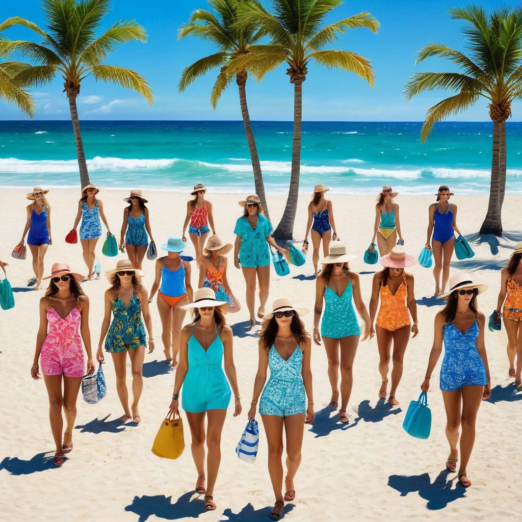 A vibrant beach scene featuring diverse fashionistas in stylish beachwear, showcasing colorful swimsuits, oversized hats, and chic cover-ups. Include beach accessories like sunglasses, tote bags, and flip-flops, set against a sunny sandy beach with clear blue waters and tropical palm trees. Evoke a sense of fun, summer vibes, and fashion-forward choices. super-realistic. vibrant colors. bright blue sky.