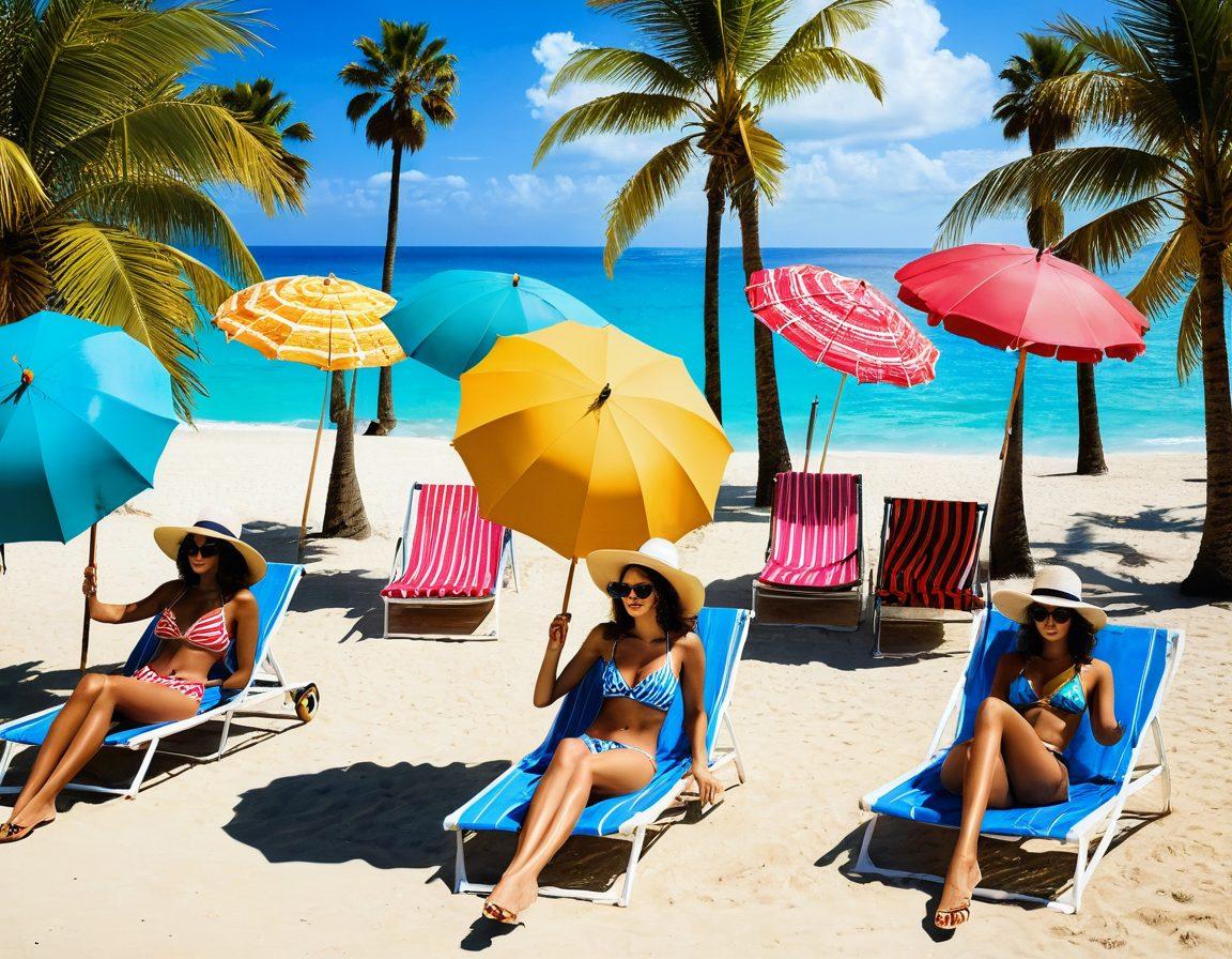 A vibrant summer scene featuring a stylish swimwear display on a sunlit beach with colorful umbrellas, lounge chairs, and palm trees in the background. Include diverse models showcasing trendy swimsuits, accessories like sunglasses and hats, and beach towels adorned with tropical patterns. The atmosphere should feel lively and inviting, emphasizing the joy of summer fashion. bright colors. super-realistic.